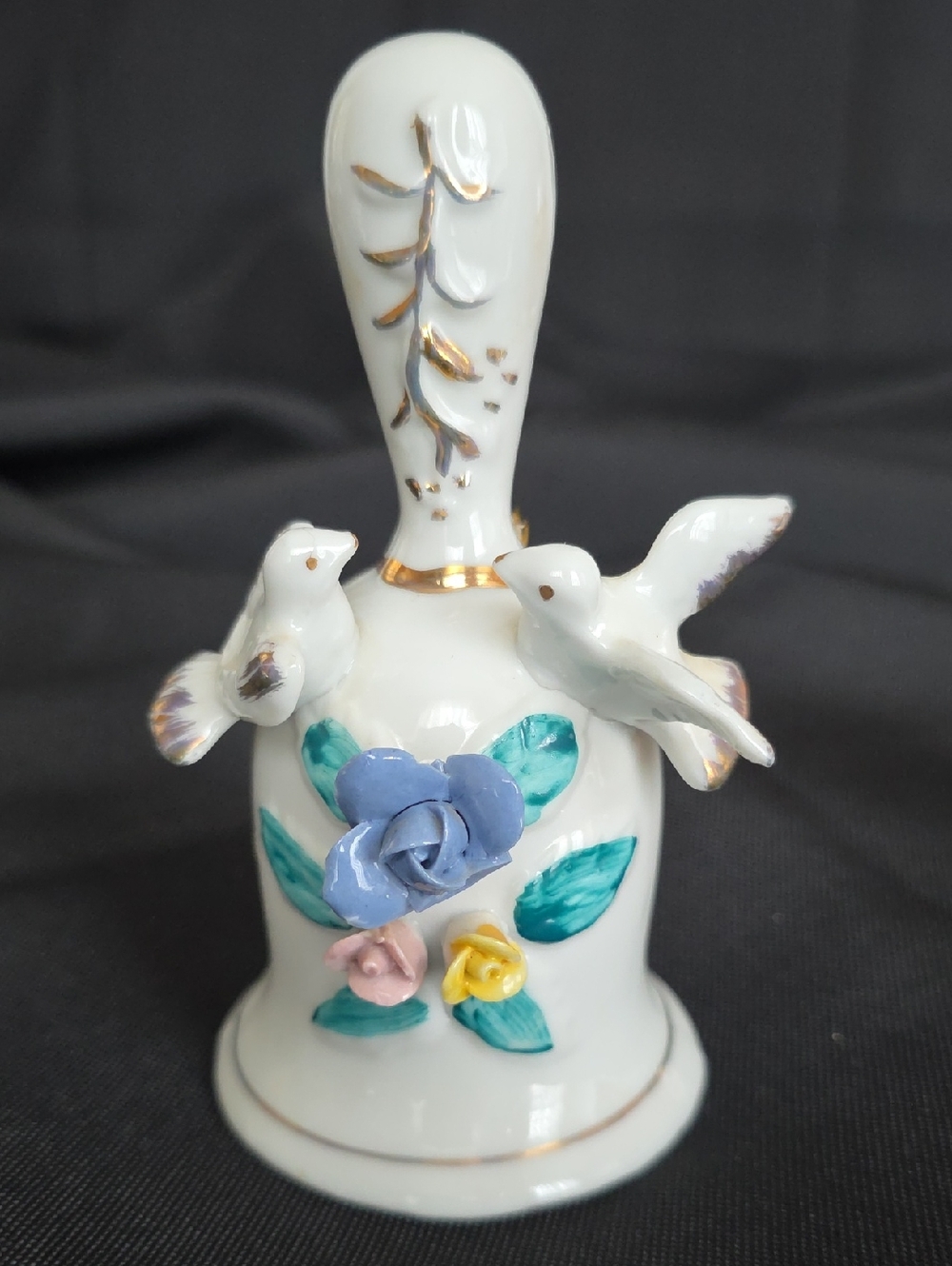 Porcelain Floral Bell with Birds - White, Blue, Green Accent